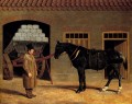 Un carro de caballos y conductor fuera de un establo Herring Snr John Frederick caballo